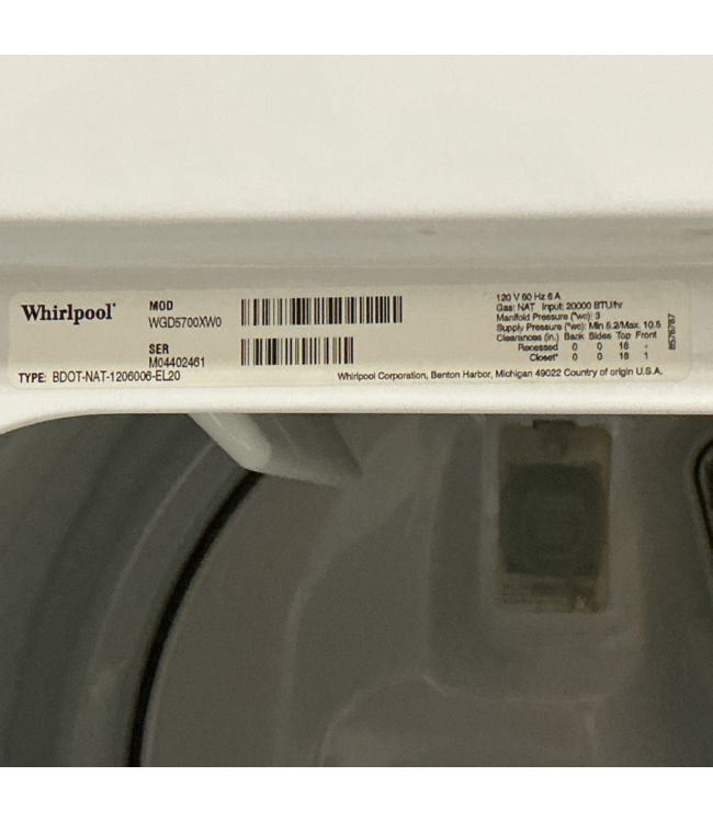 52753 White Front Load Gas Dryer 27"W x 43"H x 30"D