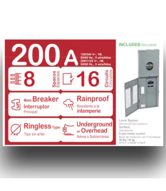 52777 200 Amp 8-Spaces 16-Circuit Indoor Main Breaker Meter Combo Load Center