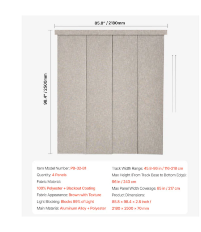 53761 Vertical Brown Panel Track Blinds For Patio Doors 86"W