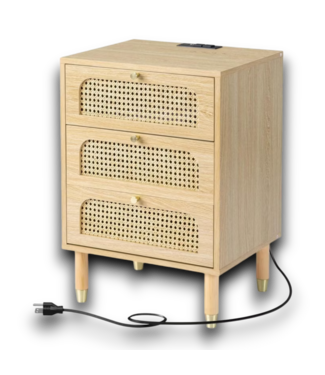 53871 Oak 3 Drawer Rattan Nightstand With Charging Station