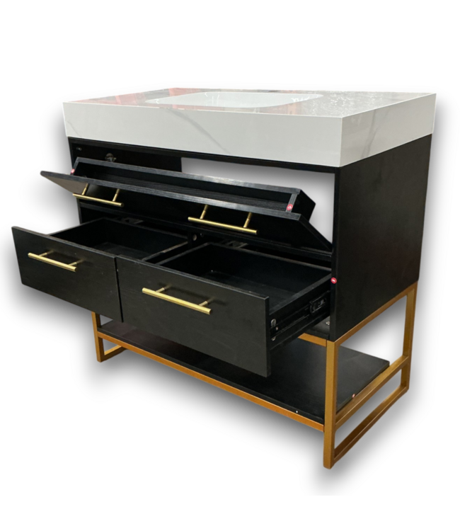 55818 Black And Gold Bathroom Vanity With Marbled Ceramic Sink 36"
