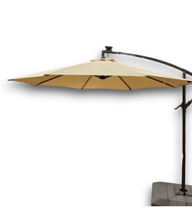56213 Beige And Brown Solar Lighted Cantilever Patio Umbrella And Base