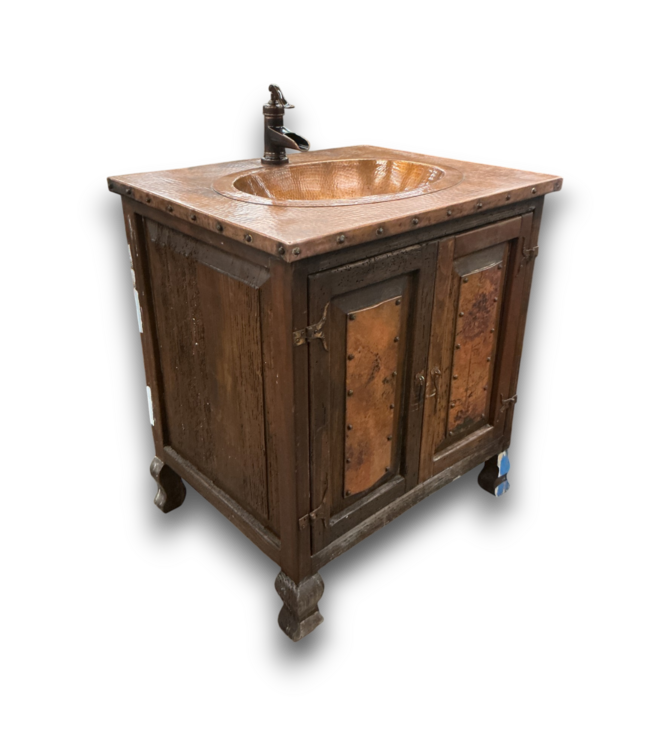 56514 Rustic Wooden Bathroom Vanity With Hammered Copper Top
