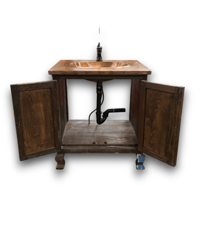 56514 Rustic Wooden Bathroom Vanity With Hammered Copper Top