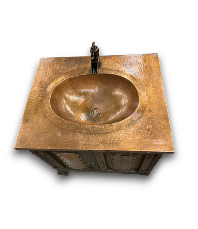 56514 Rustic Wooden Bathroom Vanity With Hammered Copper Top