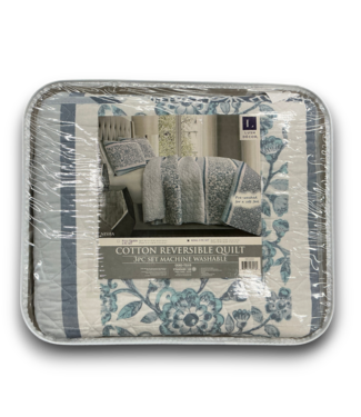 Bud's Warehouse 57741 Blue Stripe Reversible King Quilt And Pillow Shams Cotton