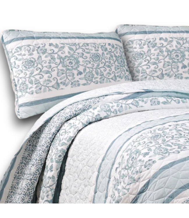 57741 Blue Stripe Reversible King Quilt And Pillow Shams Cotton