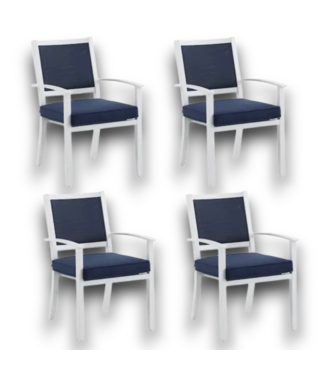 Bud's Warehouse 57745 4- Stackable White Aluminum Dining Chairs With Navy Blue Cushions