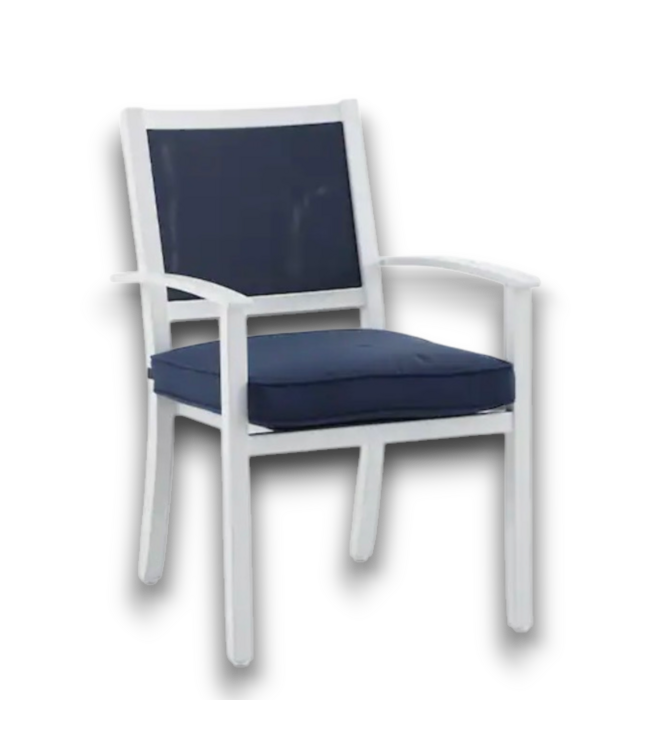 57745 4- Stackable White Aluminum Dining Chairs With Navy Blue Cushions