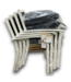57745 4- Stackable White Aluminum Dining Chairs With Navy Blue Cushions