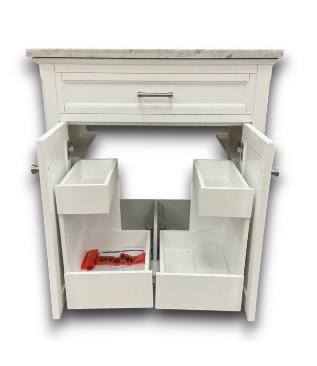 57768 Roveland White Vanity With Natural Carrera Top And Backsplash