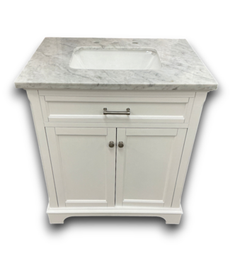 Bud's Warehouse 57768 Roveland White Vanity With Natural Carrera Top And Backsplash