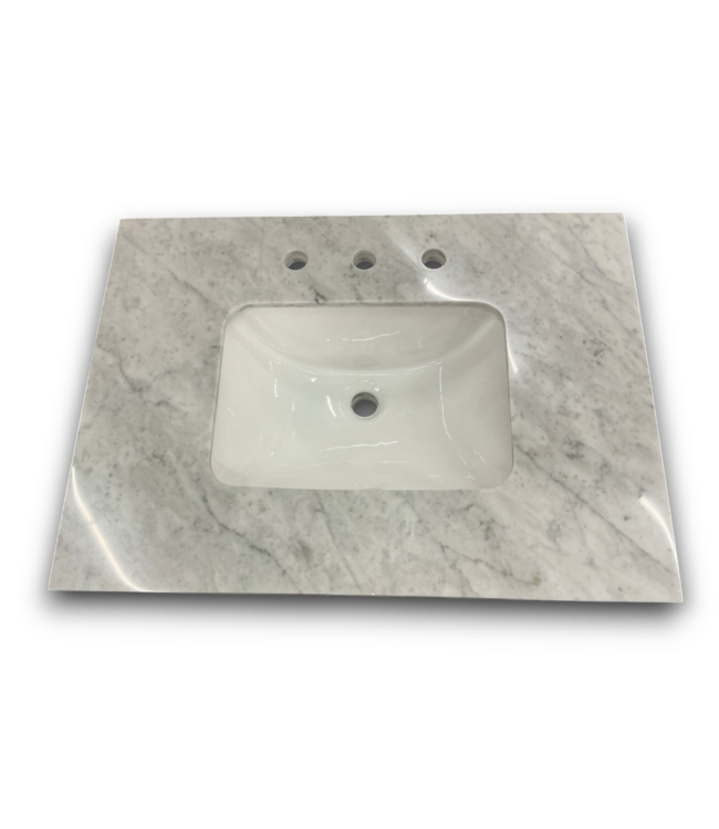 57768 Roveland White Vanity With Natural Carrera Top And Backsplash