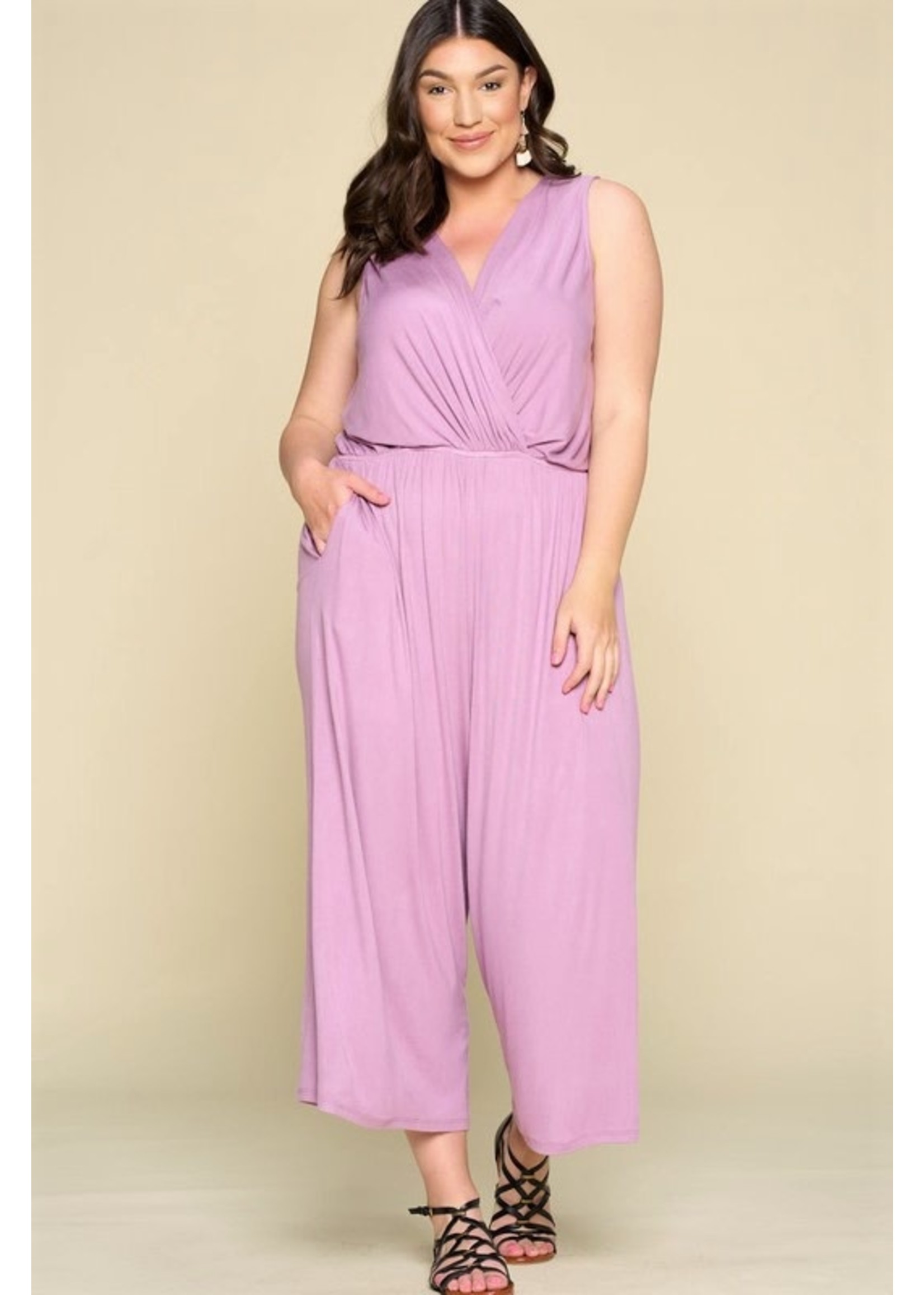 Sleeveless Wide Leg Jumpsuit w/ Pockets and Ruched Neckline