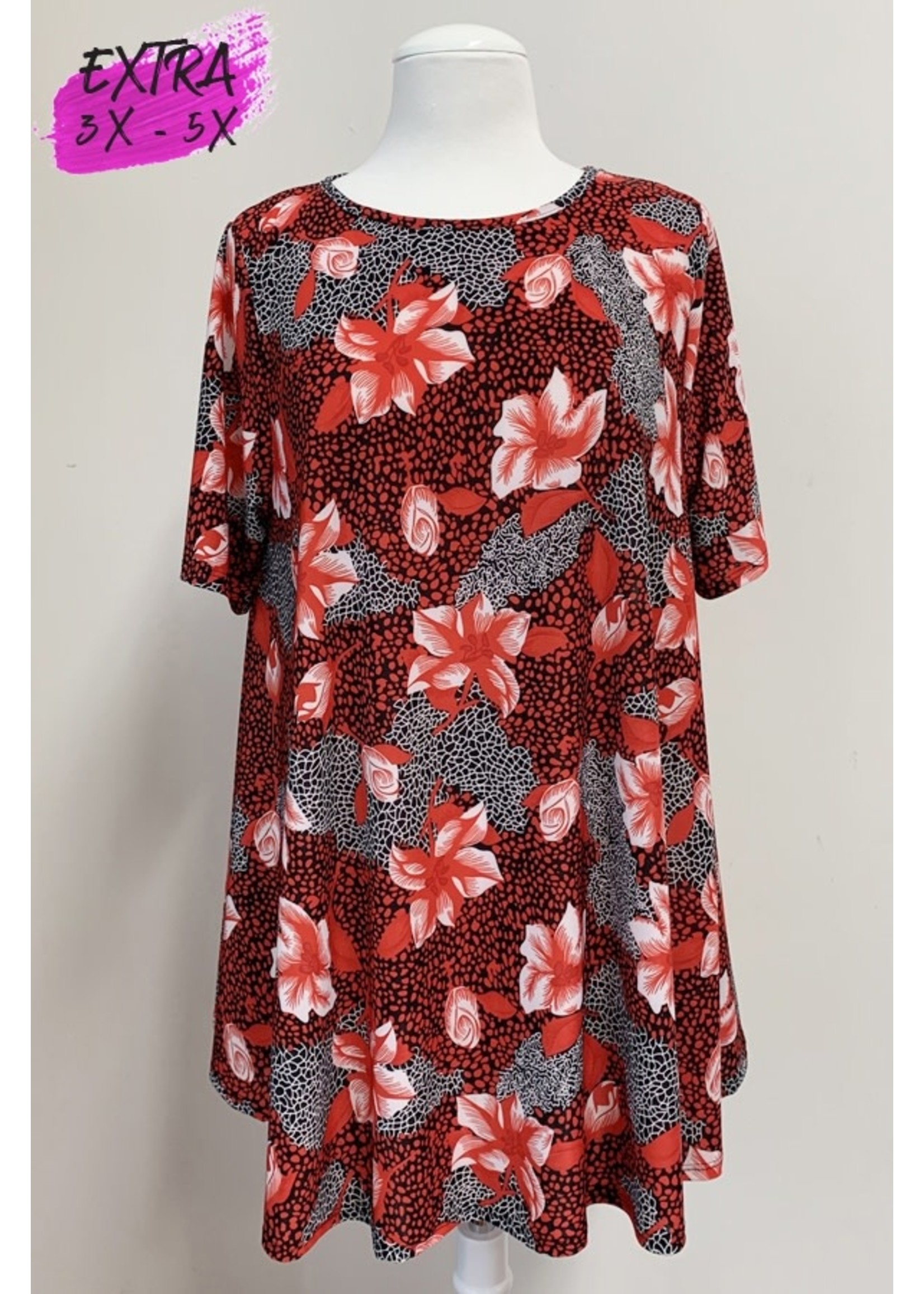 Short Sleeve Red Floral Tunic Top
