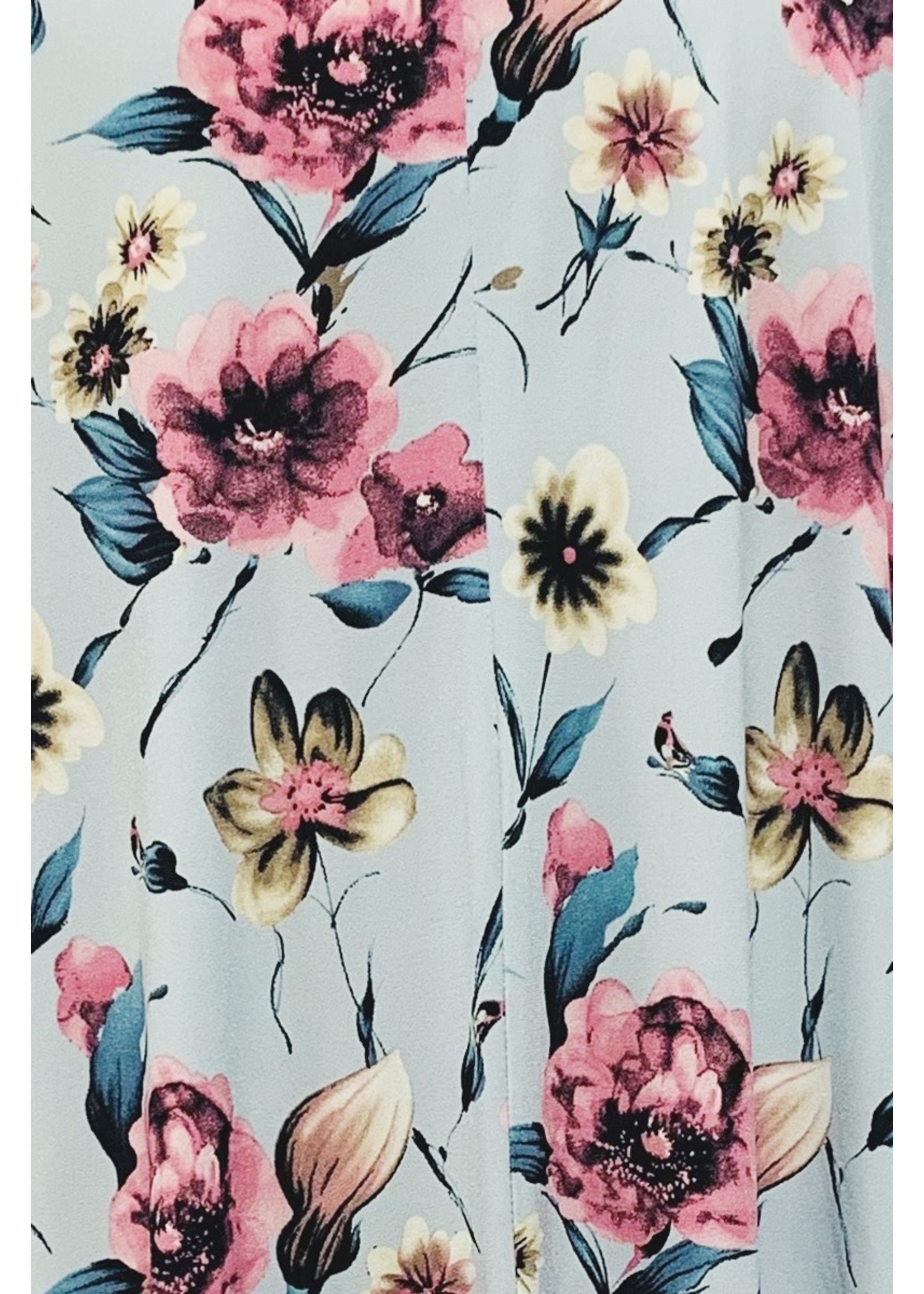 Wide Sleeve Sky Blue Floral Print Dress w/ Pockets