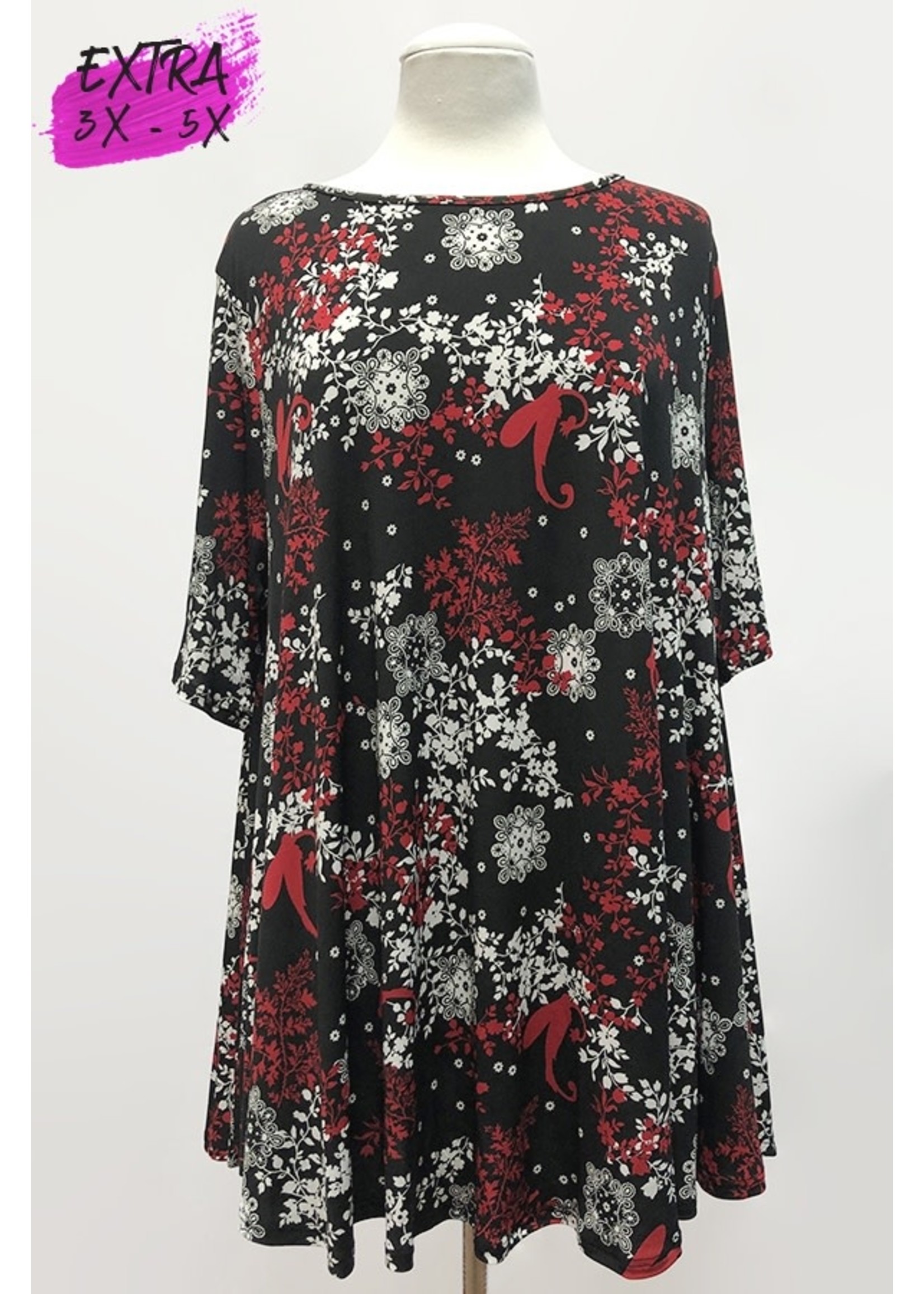 Short Sleeve Red/Black Floral Tunic Top