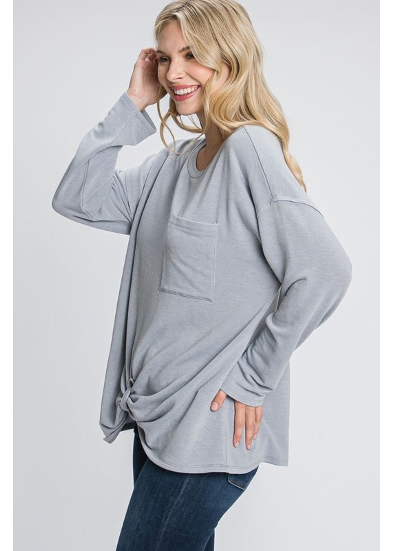 Long Sleeve Top w/ Front Knot Detail in Grey