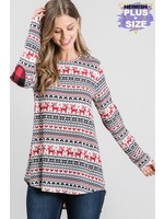 Heimish Reindeer Xmas Print Top w/ Patch Elbow - WHT/RED