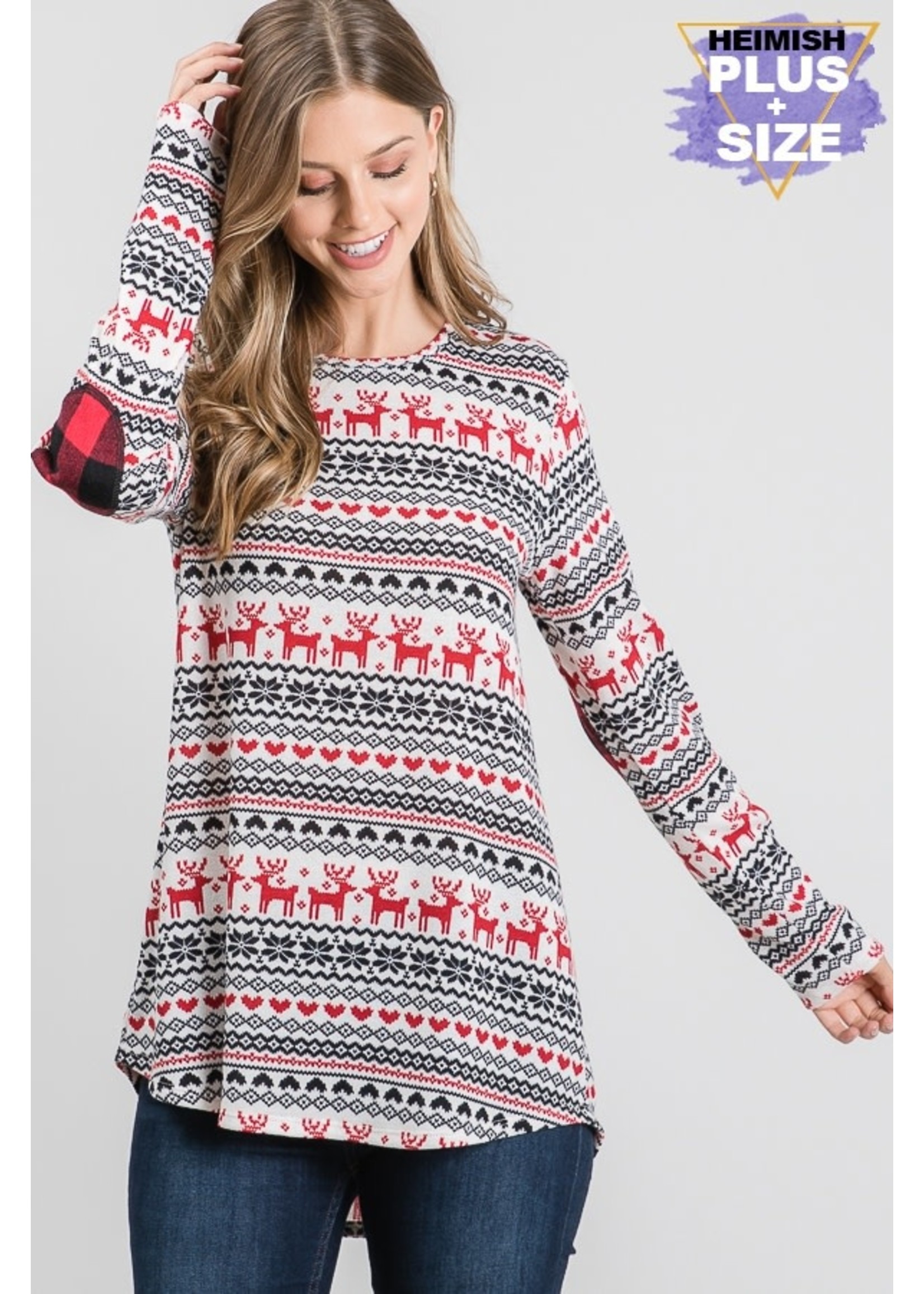 Heimish Reindeer Xmas Print Top w/ Patch Elbow - WHT/RED