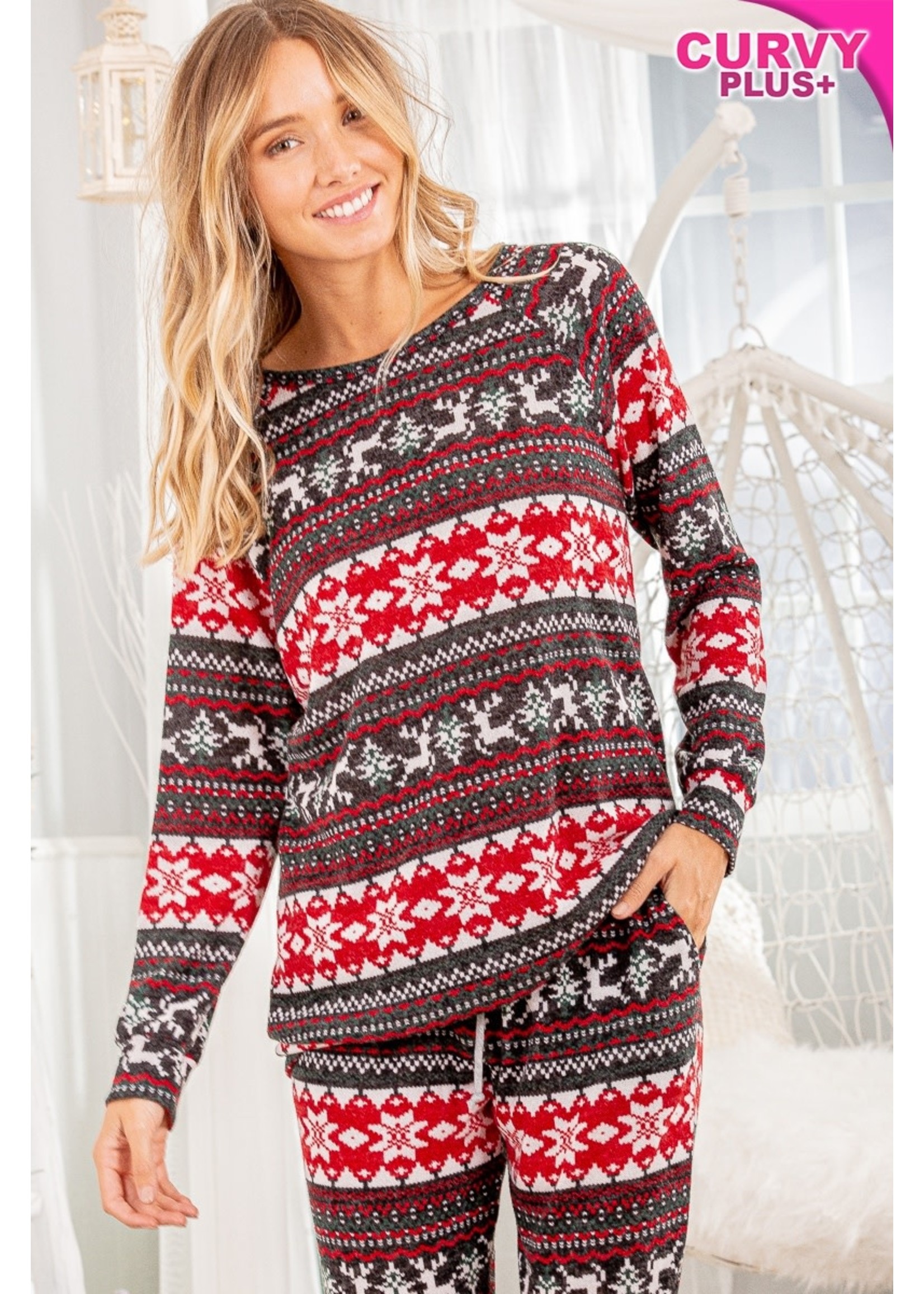 Heimish Xmas Reindeer Top w/ Band at Bottom - RED/BLK