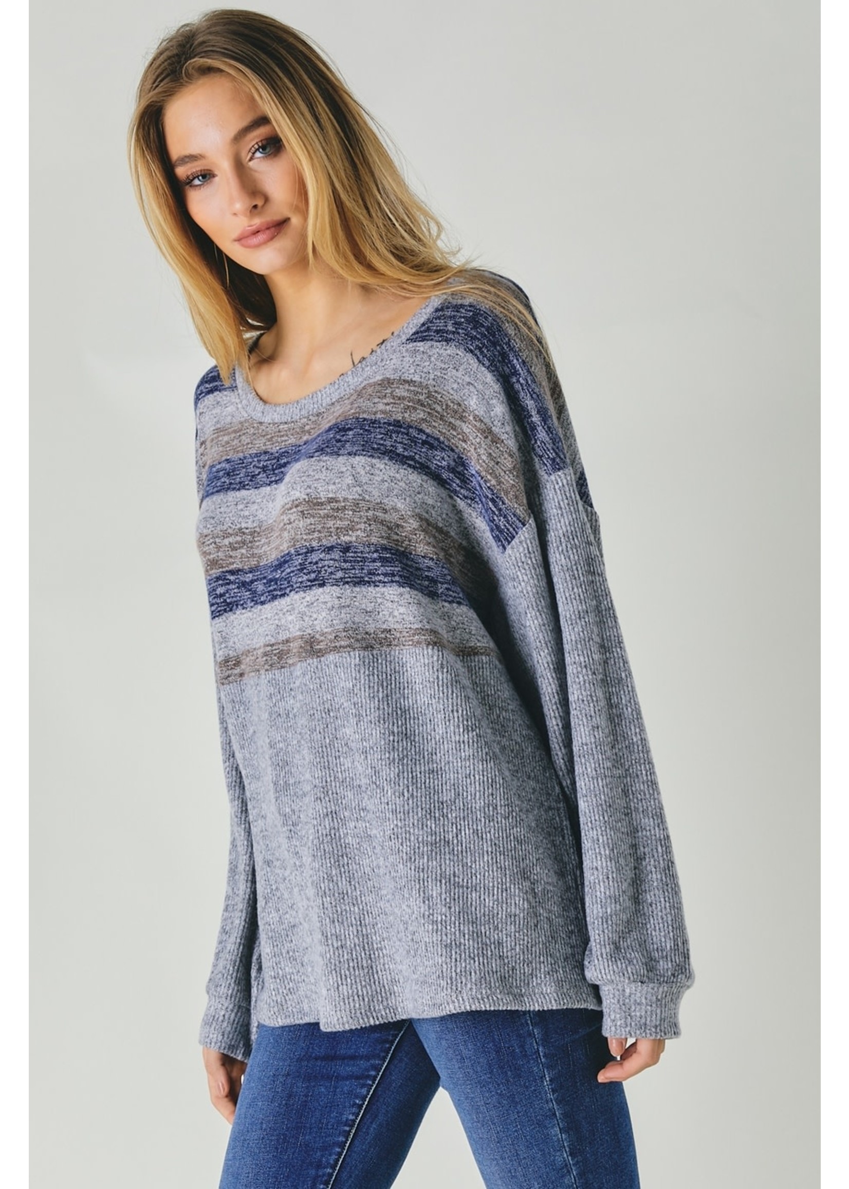 Loose Fitting Striped Top - HEATHER GREY