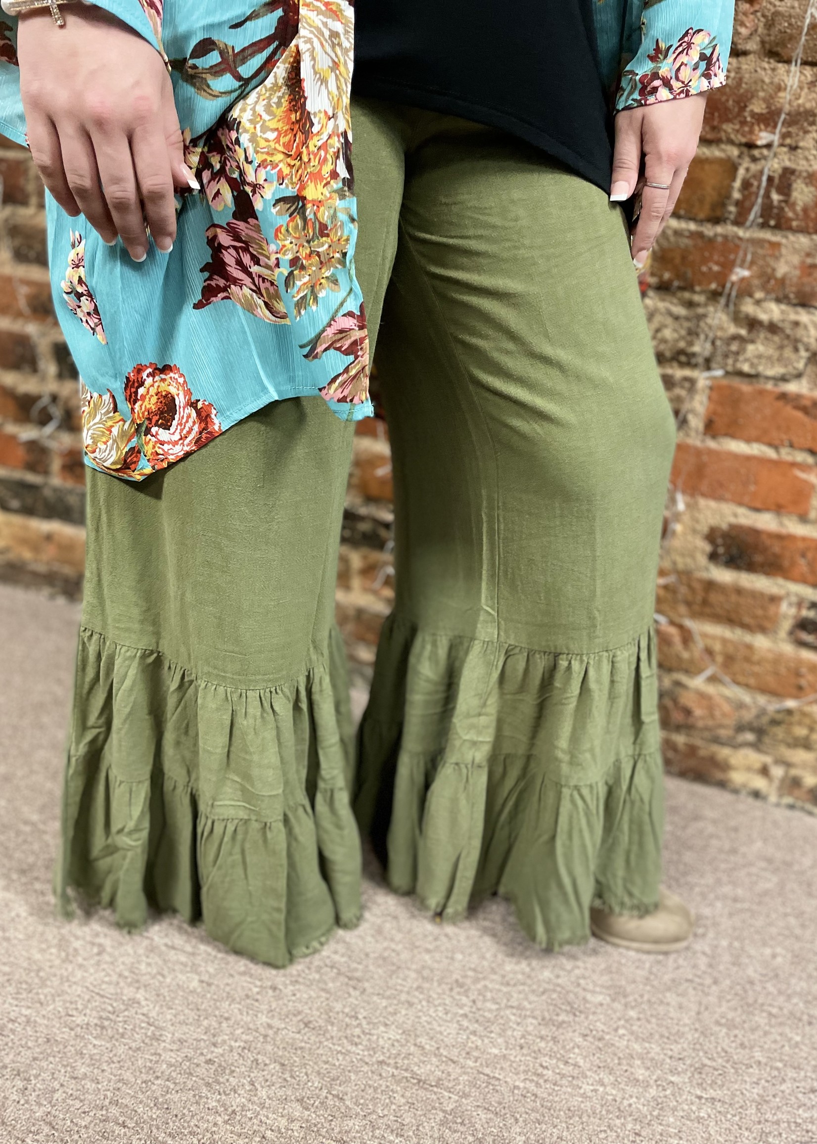 Linen Blend Wide Ruffle Leg Pants with 