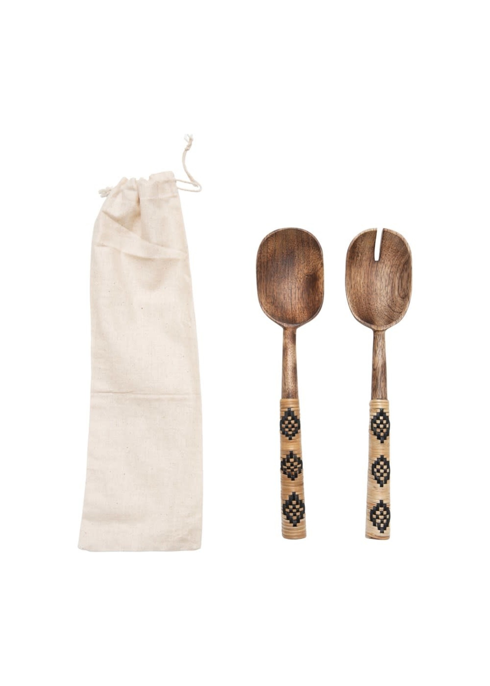 CREATIVE COOP MANGO WOOD SALAD SERVERS WITH RATTAN HANDLES