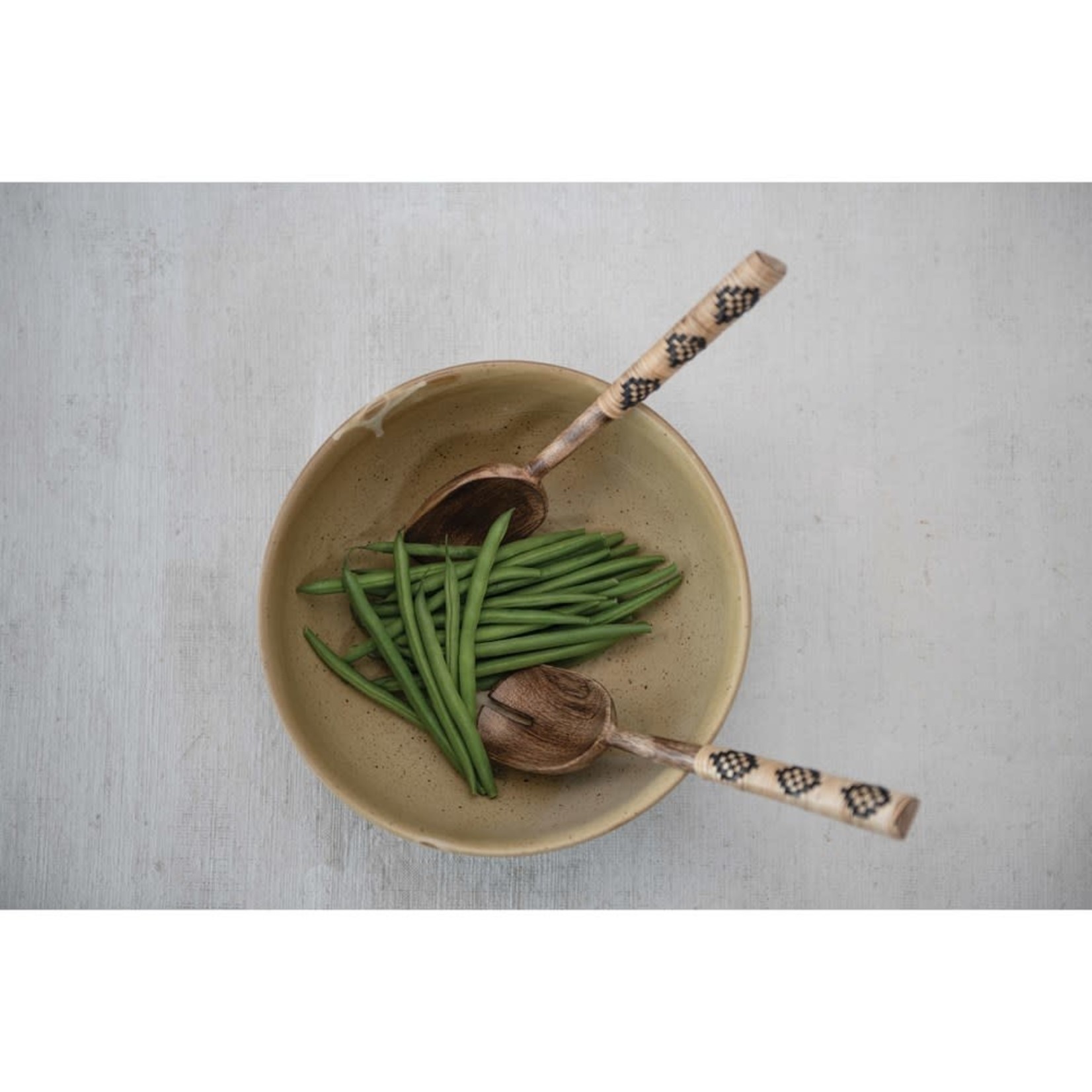 CREATIVE COOP MANGO WOOD SALAD SERVERS WITH RATTAN HANDLES