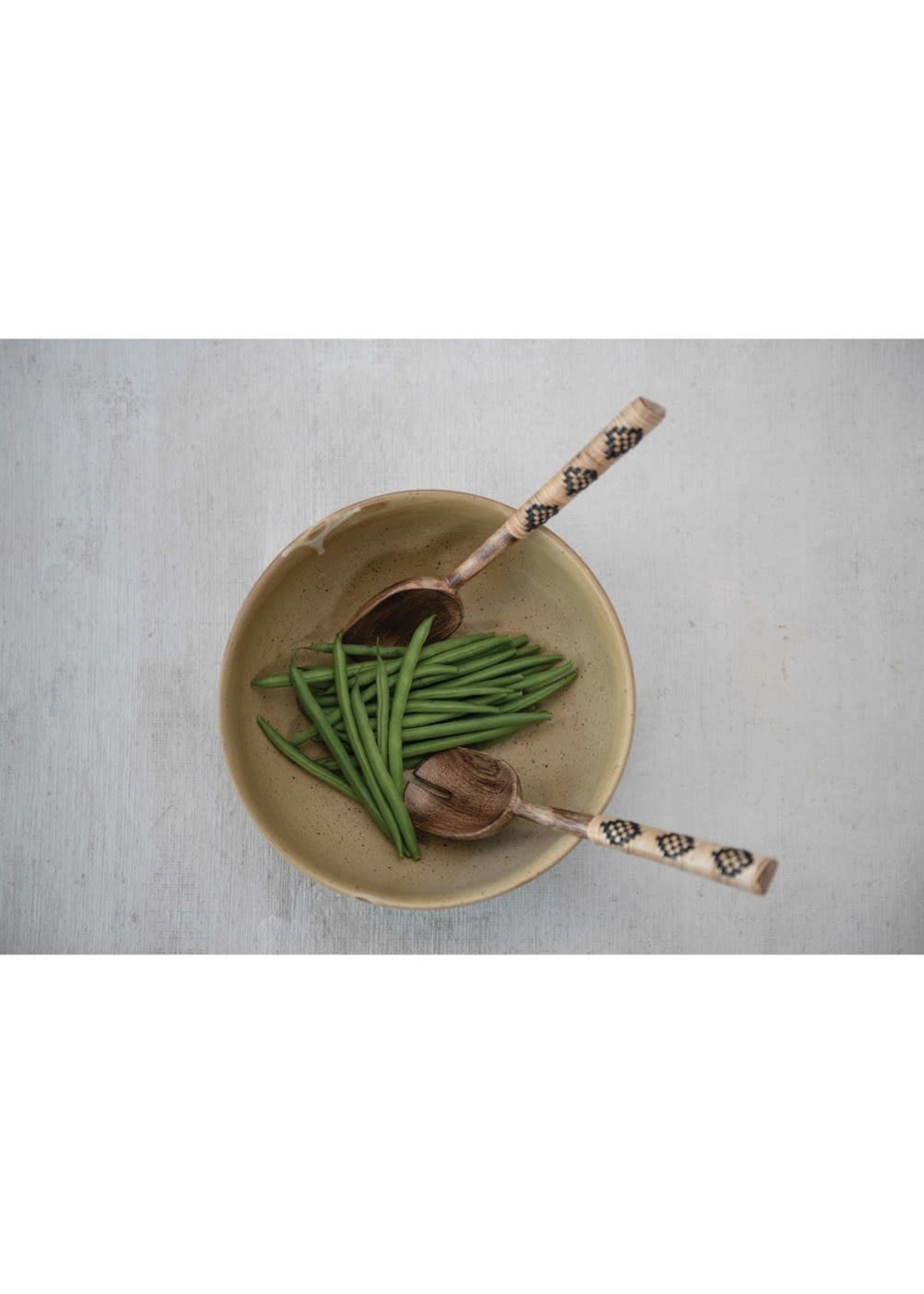 CREATIVE COOP MANGO WOOD SALAD SERVERS WITH RATTAN HANDLES