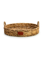 ROUND WICKER BASKET W/ LEATHER PATCH