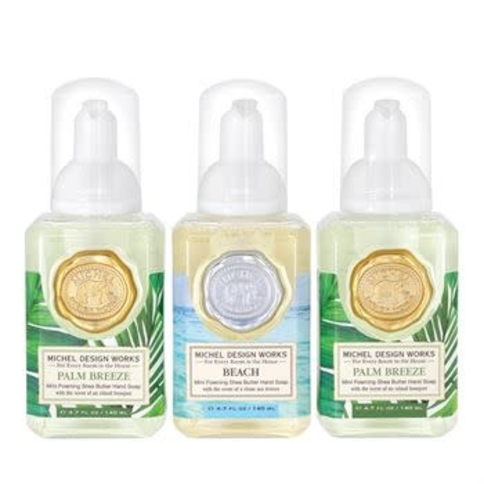 MICHELE DESIGN WORKS MINI FOAMING SOAP SET: PALM BREEZE, BEACH, PALM BREEZE