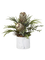 GREEN MINK PROTEAS WITH STAGHORN FERN IN WHITE MARBLED CERAMIC CYLINDER