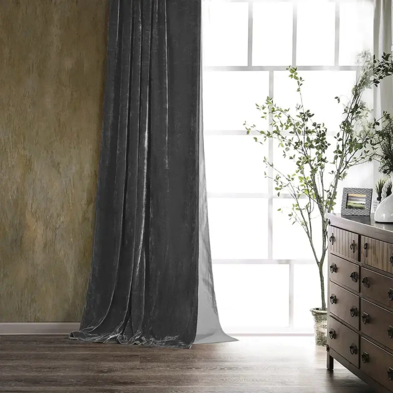 HIEND ACCENTS STELLA SLATE LINED SILK VELVET CURTAIN, 48X108