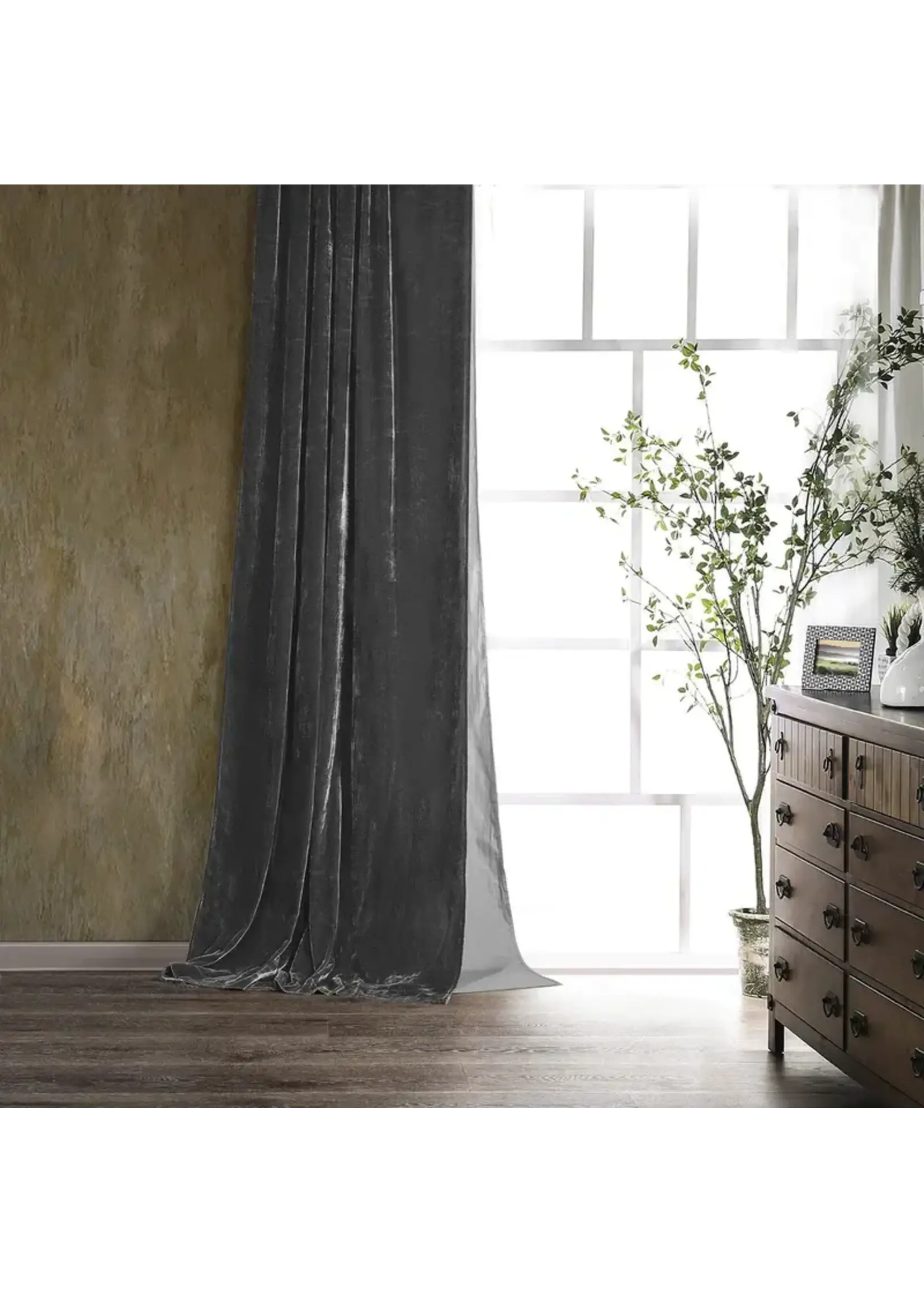 HIEND ACCENTS STELLA SLATE LINED SILK VELVET CURTAIN, 48X108