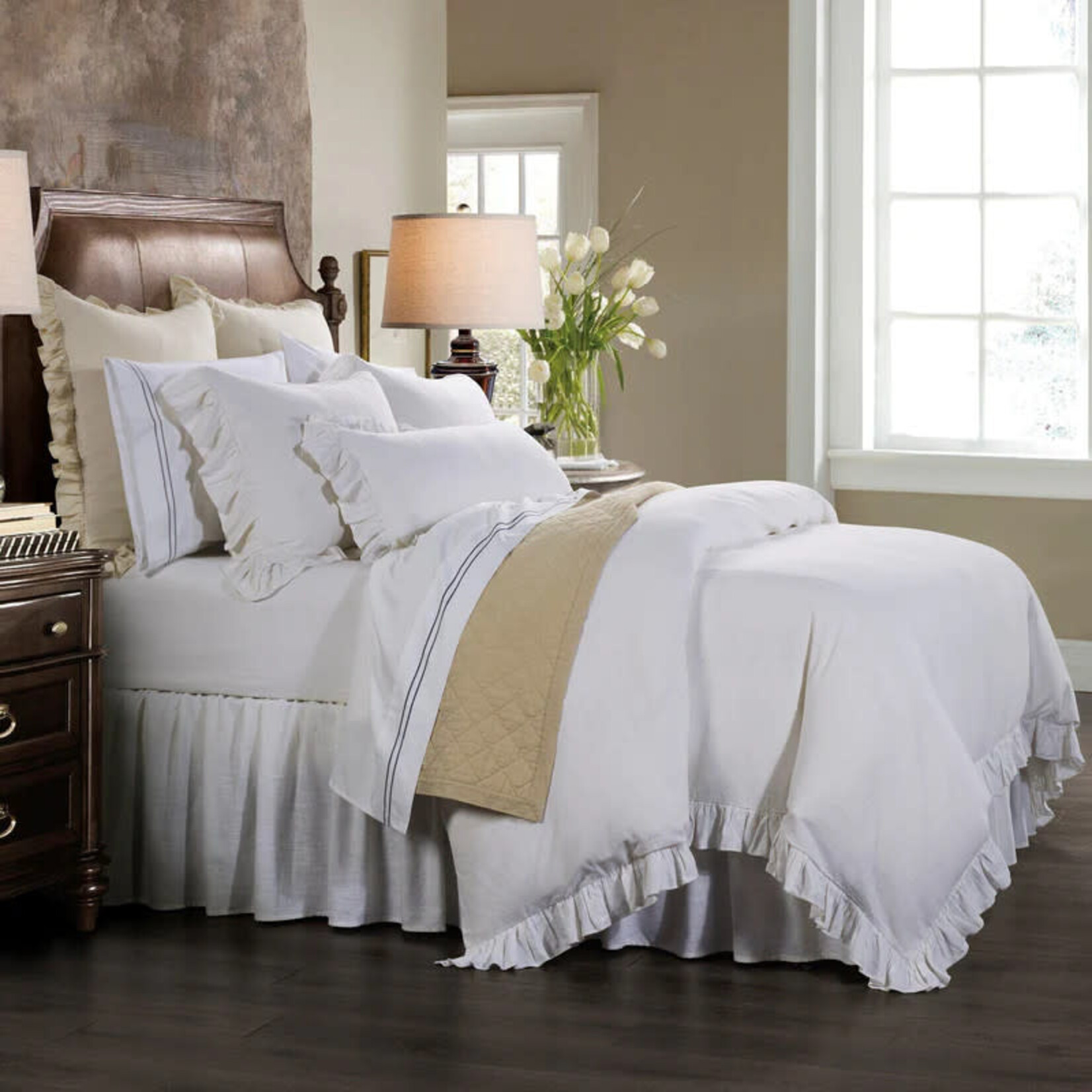 HIEND ACCENTS KING, RUFFLED WASHED LINEN 3PC COMFORTER SET