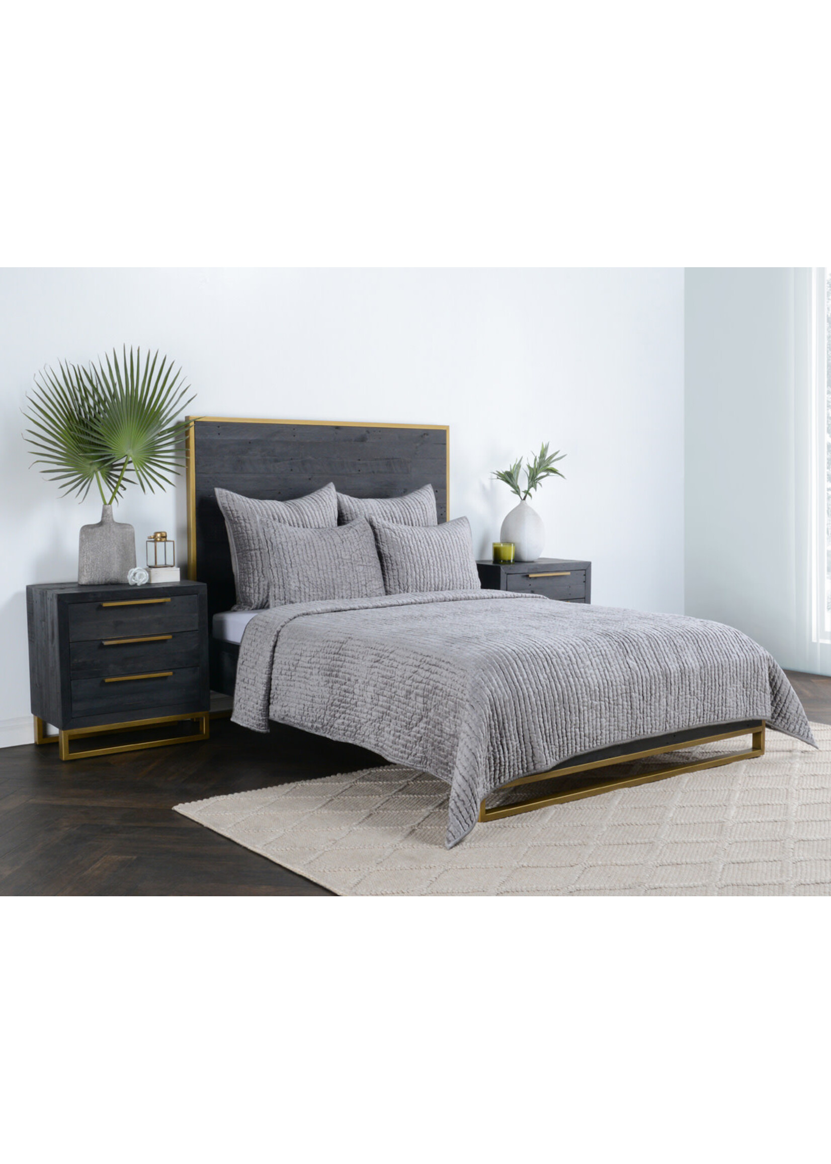 CLASSIC HOME BARI VELVET GRAY 3PC QUEEN QUILT SET