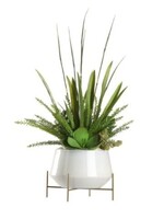 D & W SILKS HORSETAIL REED & SUCCELENTS IN WHITE BOWL W GOLD LEGS