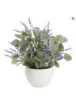 D & W SILKS LAVENDER & EUCALYPTUS IN SMALL WHITE BOWL