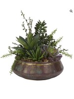 D & W SILKS SUCCULENTS, ALOE & JADE PLANT IN AGED COPPER BOWL