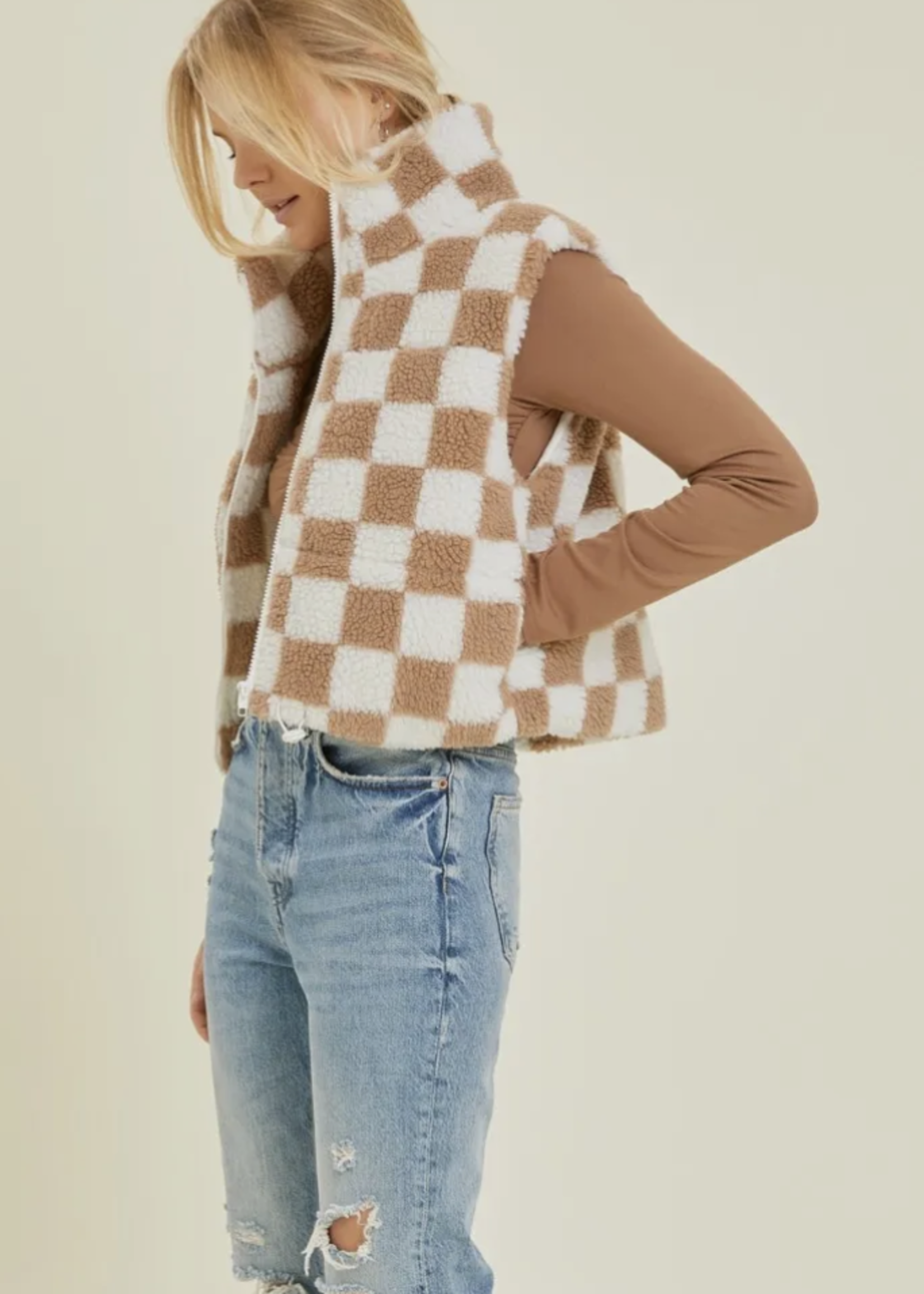 BAE Audrey Sherpa Vest | Taupe Checkered