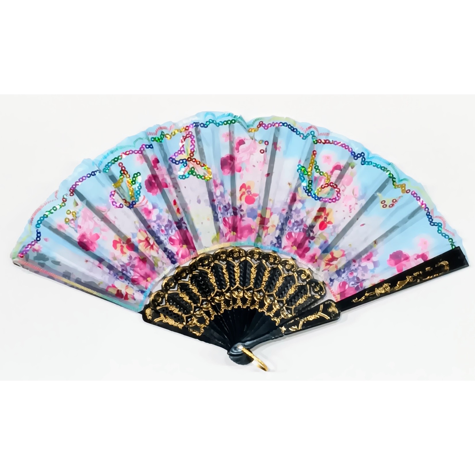 Flowered w/ Black Handle Fans 12ct