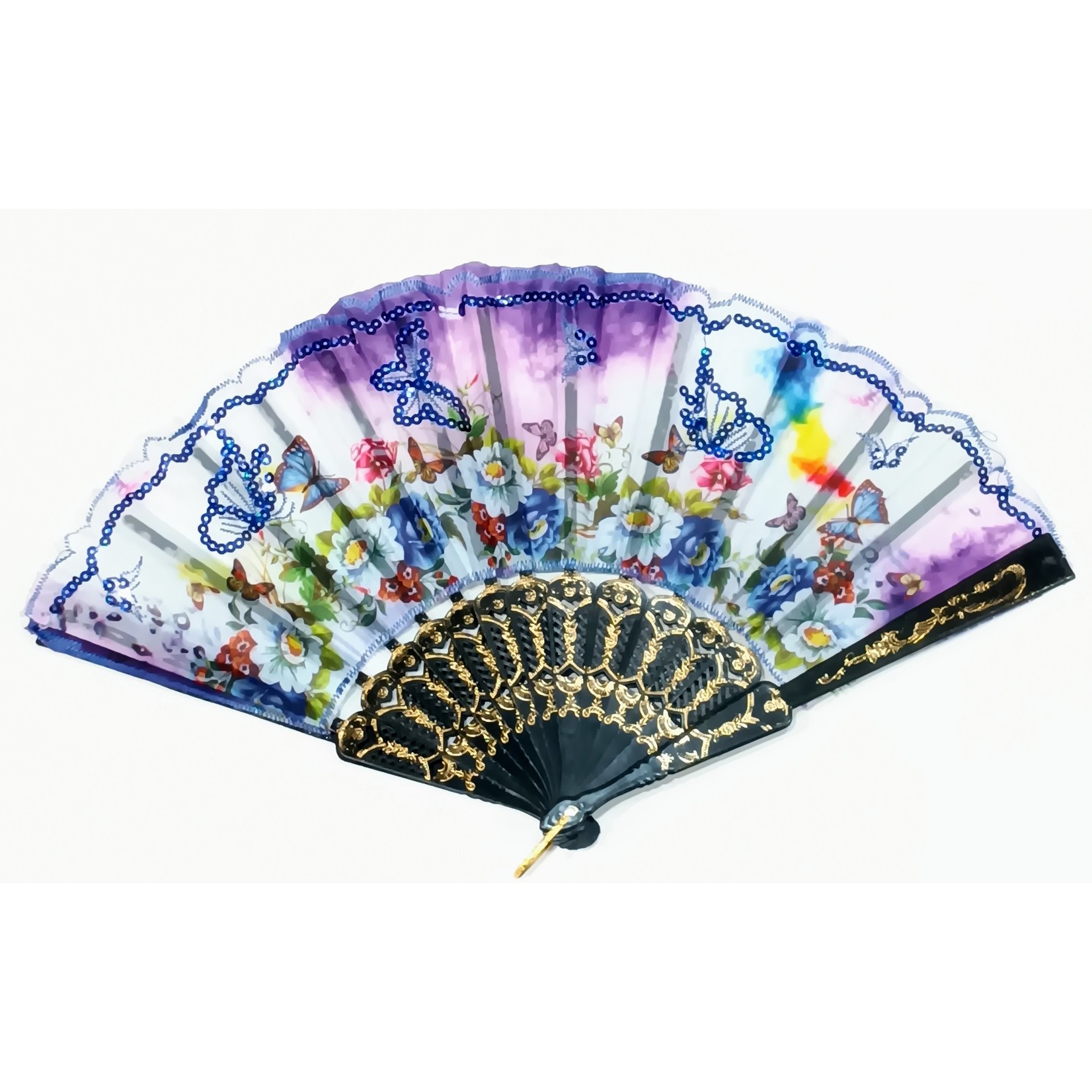 Flowered w/ Black Handle Fans 12ct