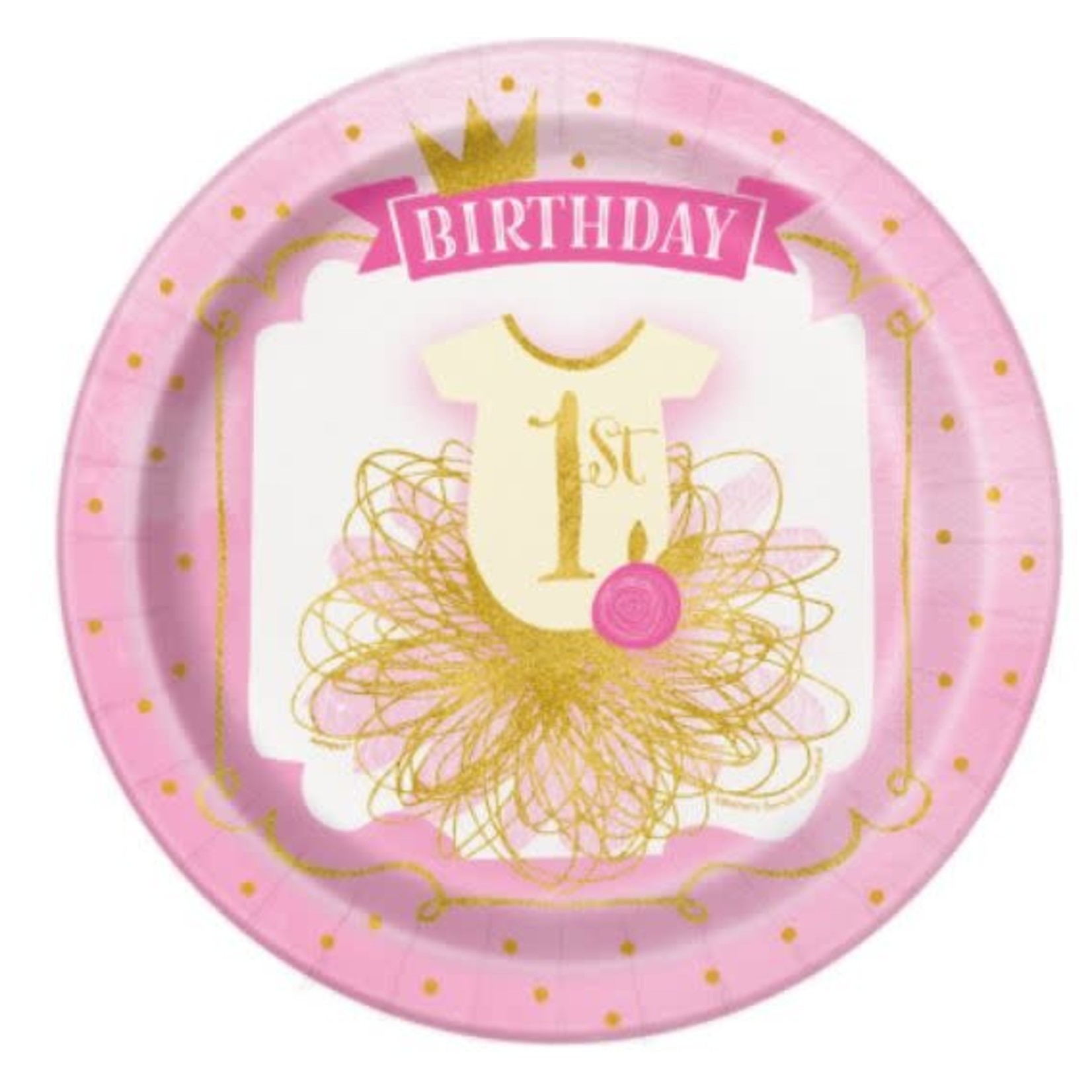 Pink & Gold First Birthday Round 9" Dinner Plates  8ct
