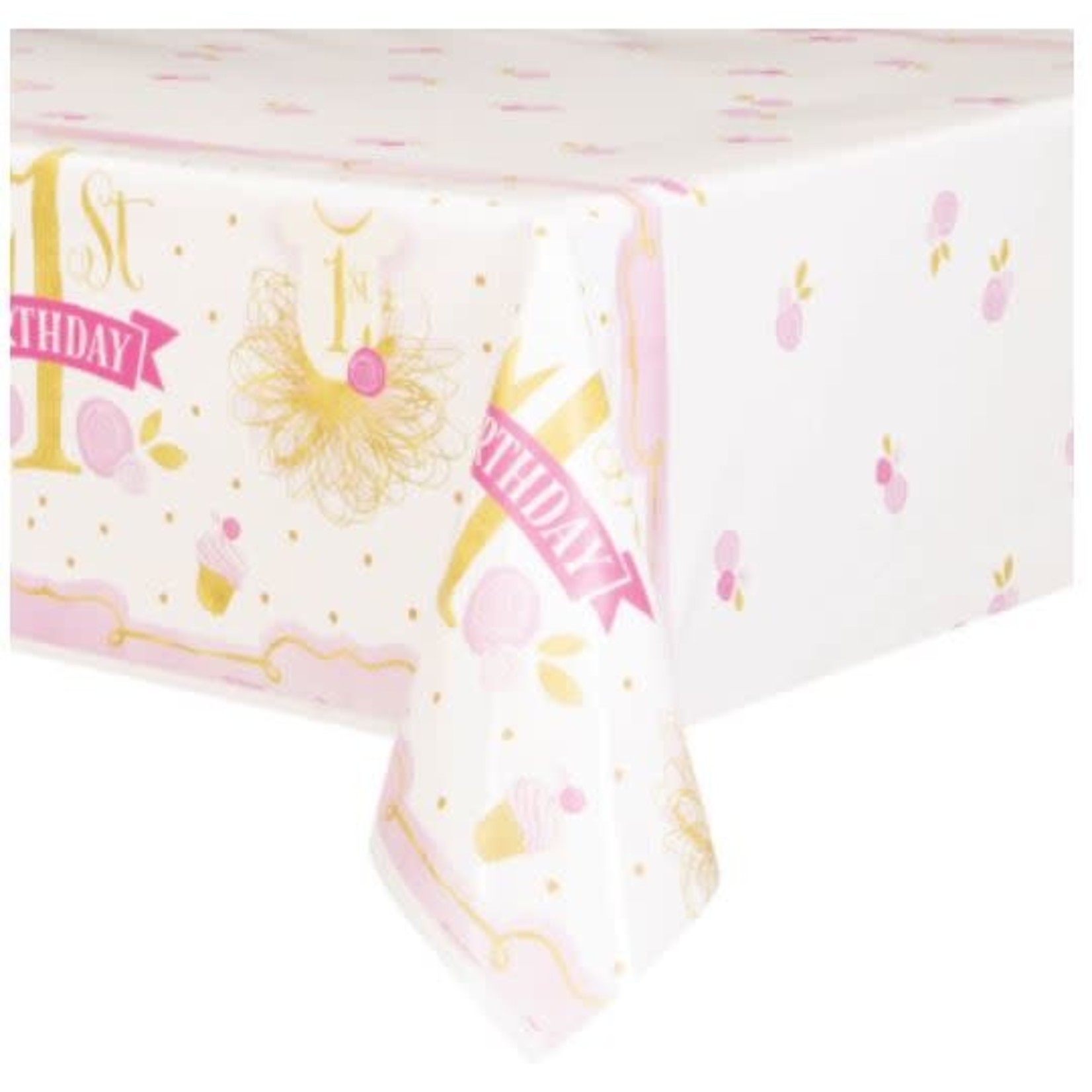 Pink & Gold First Birthday Rectangular Plastic Table Cover  54" x 84"