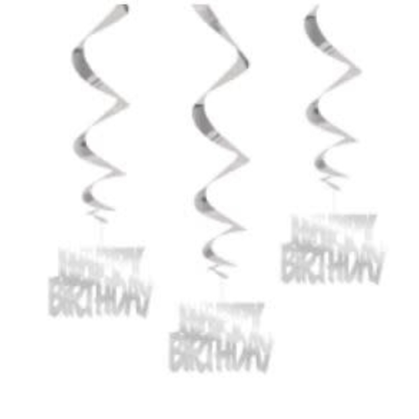 Happy Birthday Silver Foil Hanging Swirl Decorations  32"  3ct
