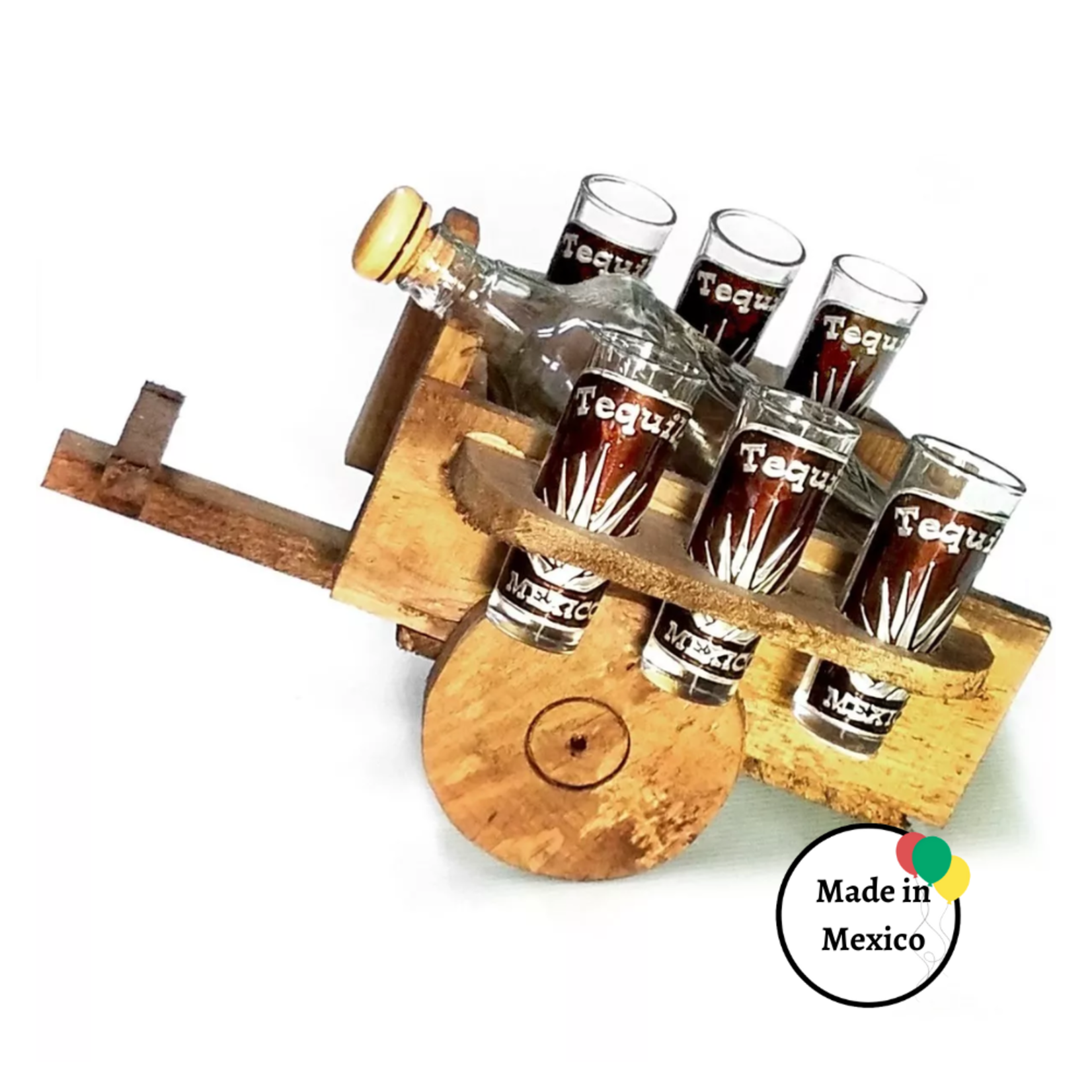 Tequilero - Carreta De Madera con Botella Liquor & 6 Shot Glasses