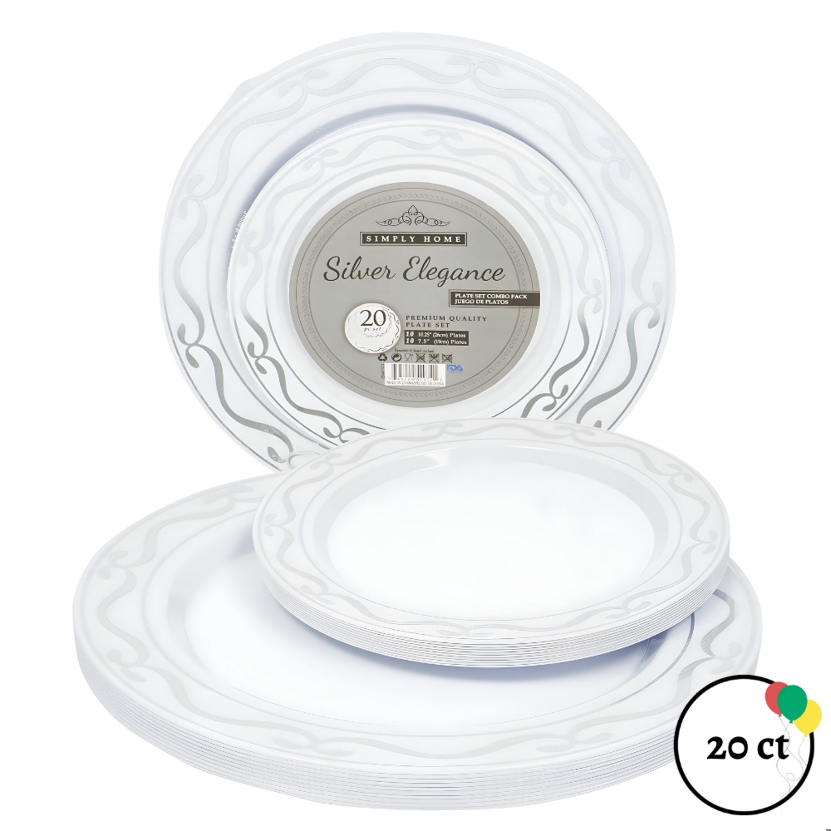 20 Piece Plastic Plate Set- White with Silver