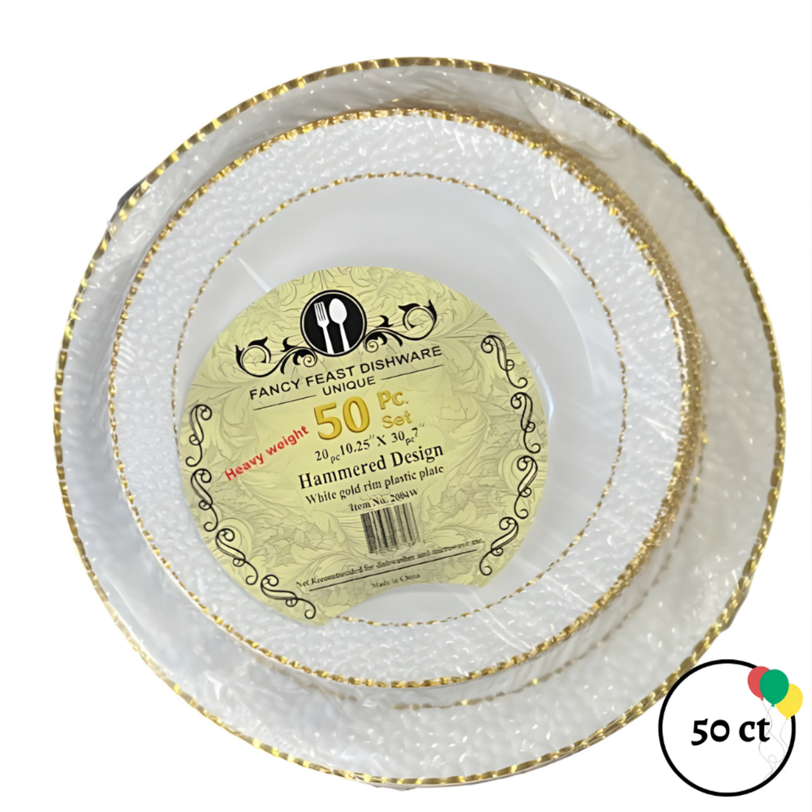 Fancy Feast Dishware White Gold Rim Plastic Plate 50ct