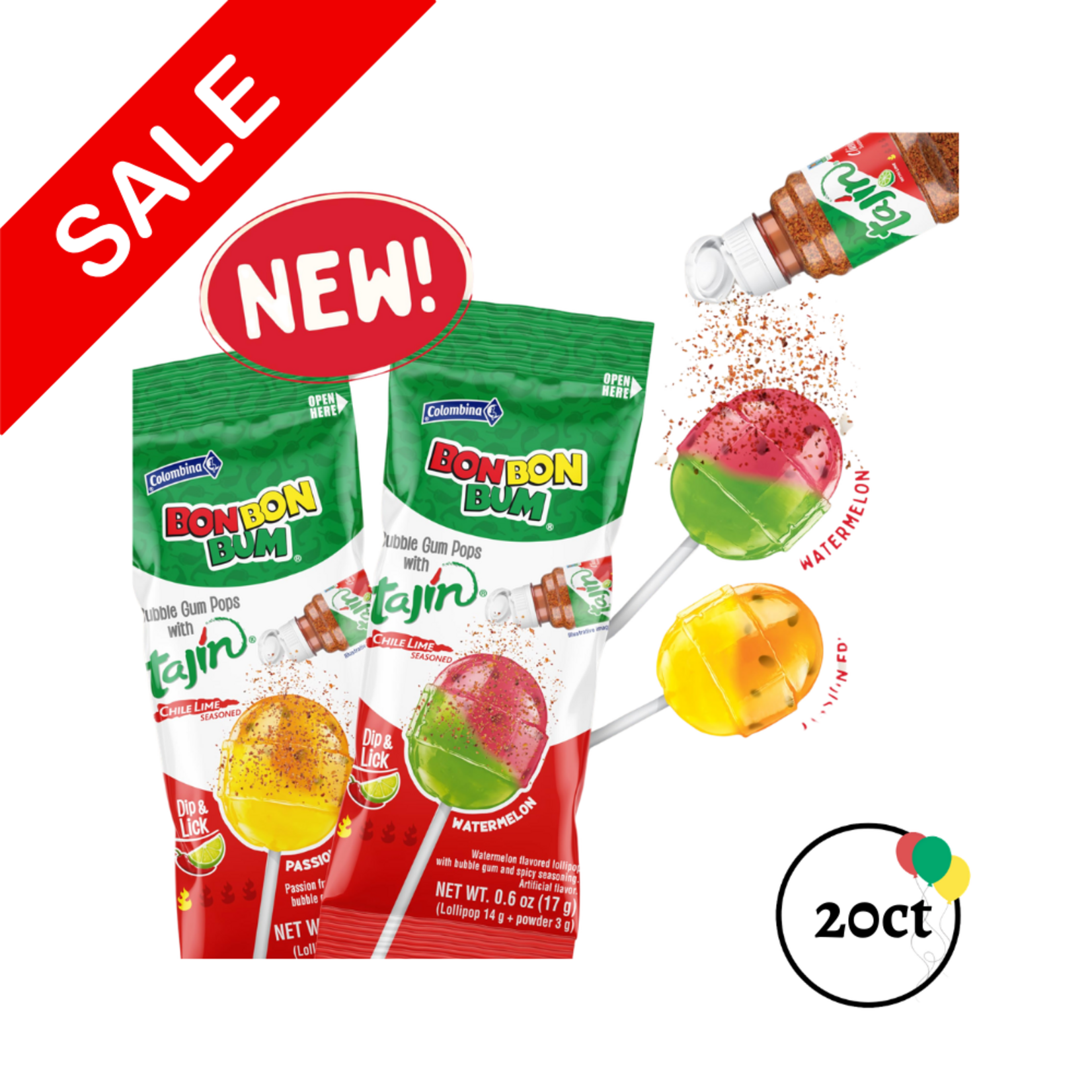 Colombina Bon Bon Bum Tajín Lollipops Watermelon Flavor with Chili Tajín Candy